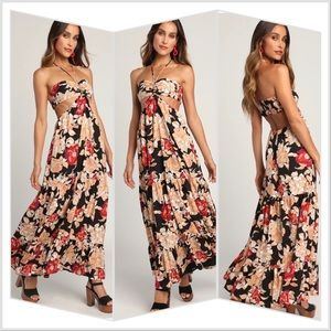 Midsummer Moment Black Floral Print Cutout Halter Maxi Dress
